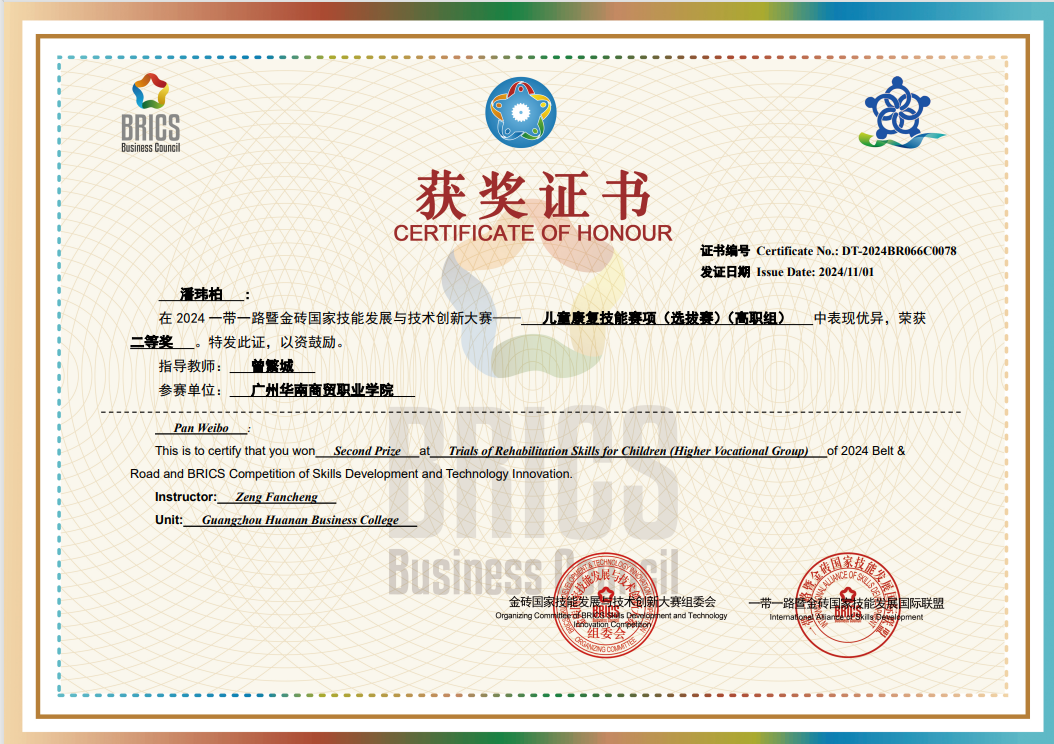 2024一带一路暨金砖国家技能发展与技术创新大赛——儿童康复技能赛项 （选拔赛）（高职组）二等奖（国家级）