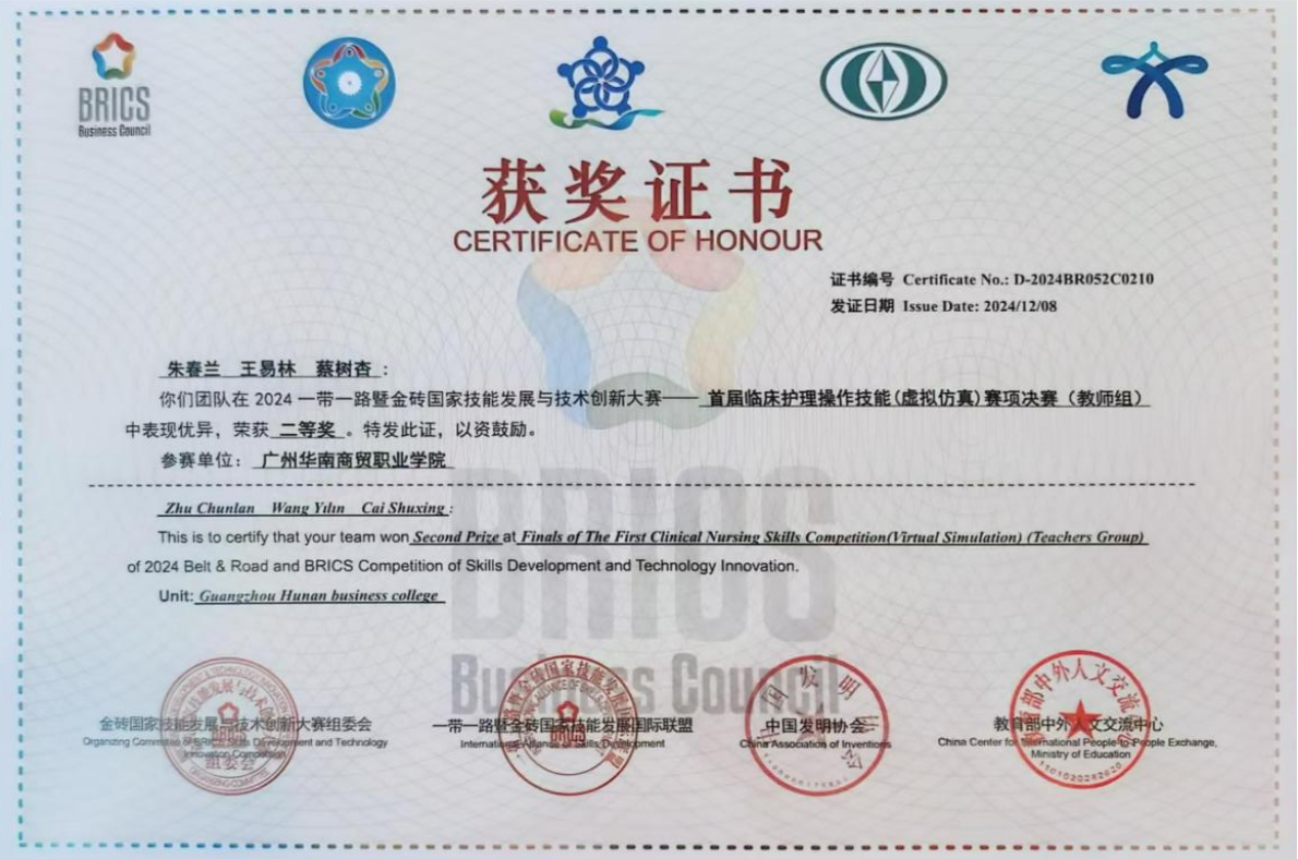 2024一带一路暨金砖国家技能发展与技术创新大赛二等奖（国家级）